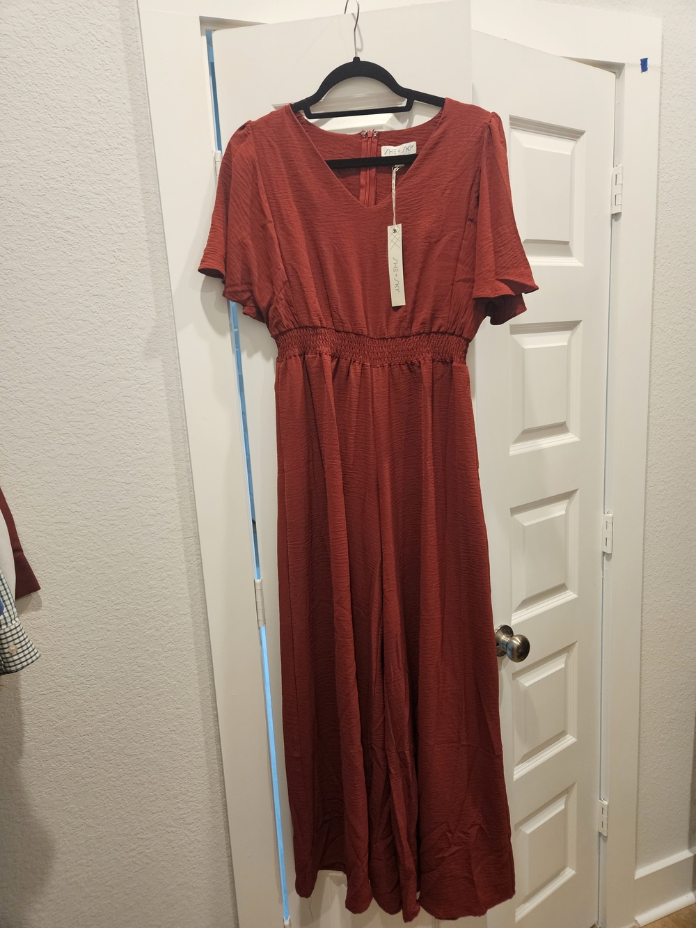 She + Sky Rust Red Short-Sleeve Jumpsuit